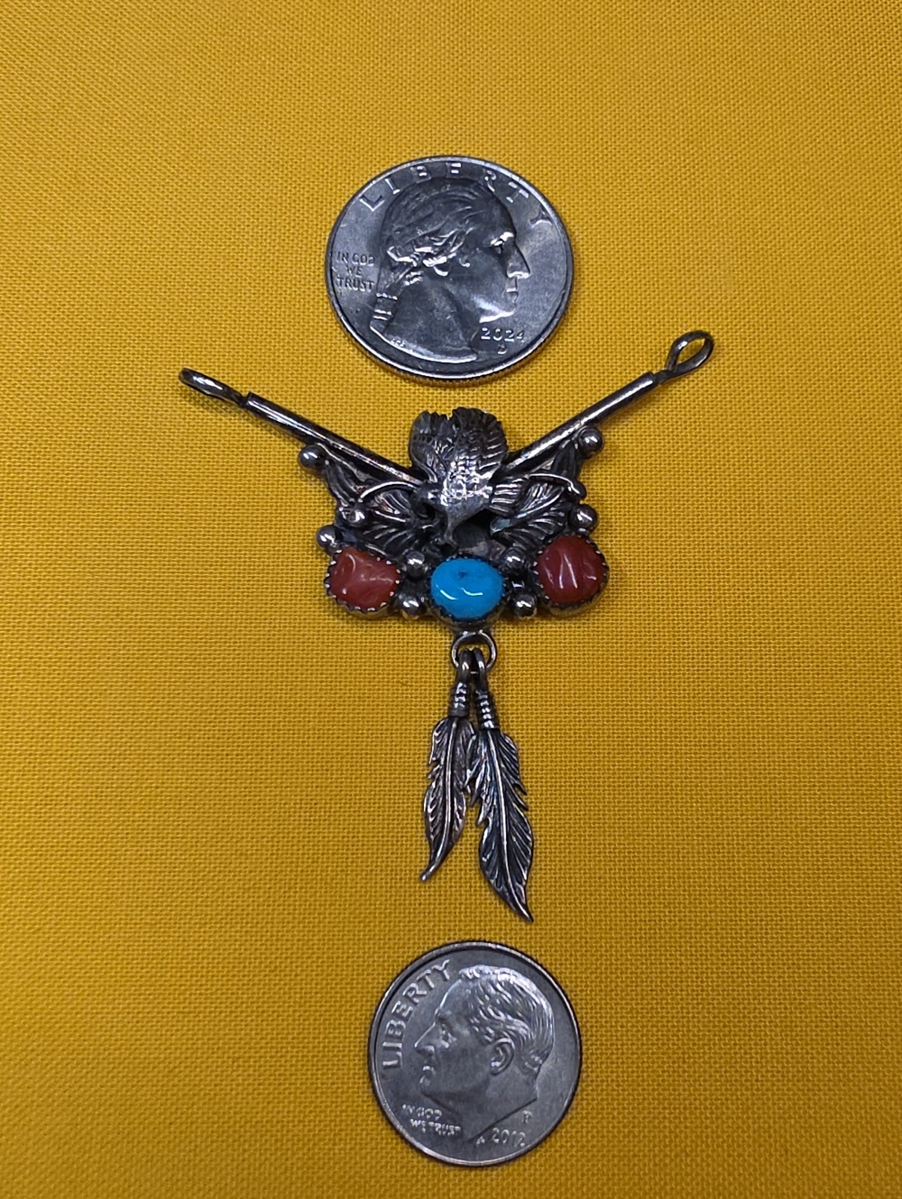 Vintage Navajo Dual Loop Sterling Pendant ▪ Silver Eagle w/Turquoise & Red Coral